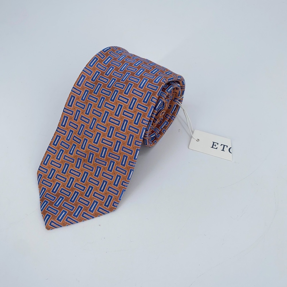 Eton Mens Silk Tie Orange Blue Geometric Pattern Professional Necktie Italy Made